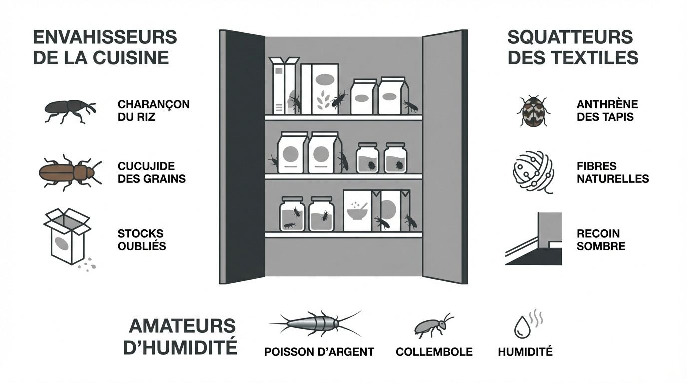 Comparaison visuelle des insectes de cuisine, des textiles et des zones humides